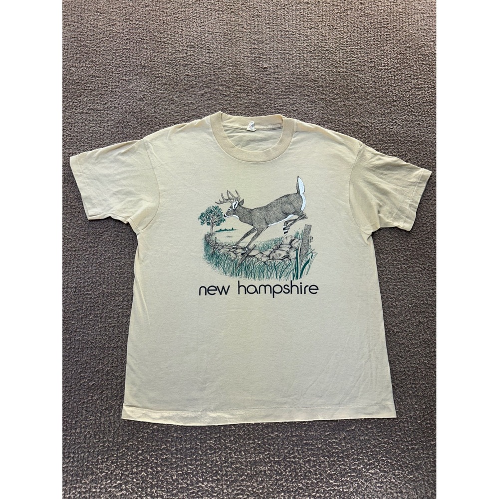 Vintage Screen Stars New Hampshire Deer Buck T Shirt Tan 50/50 Single Stitch L